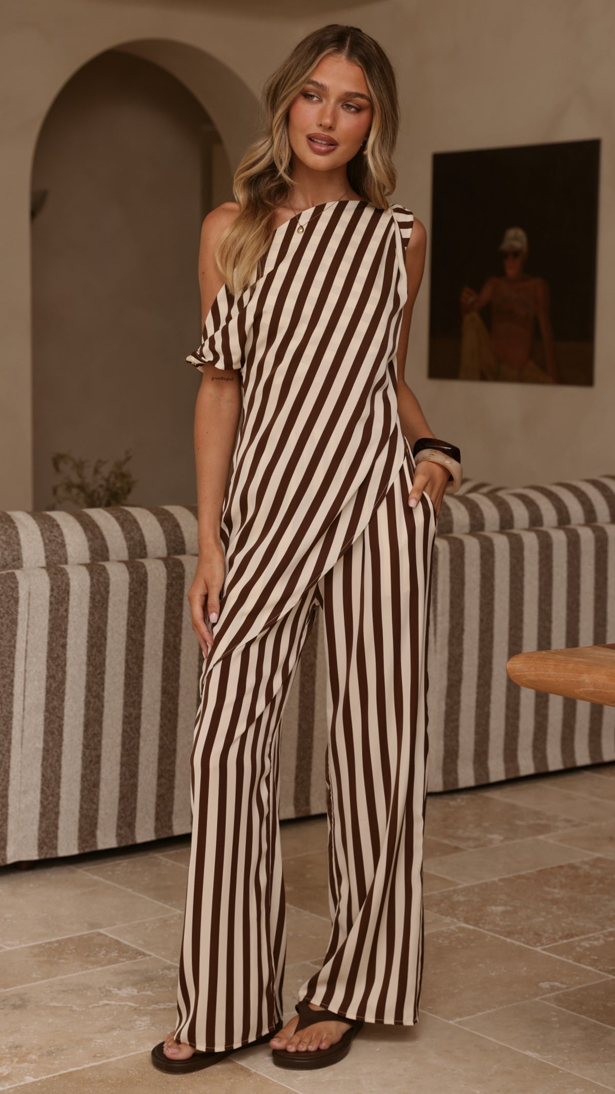 Liana Off Shoulder Top & Pants Set - Brown Stripe - Billy J