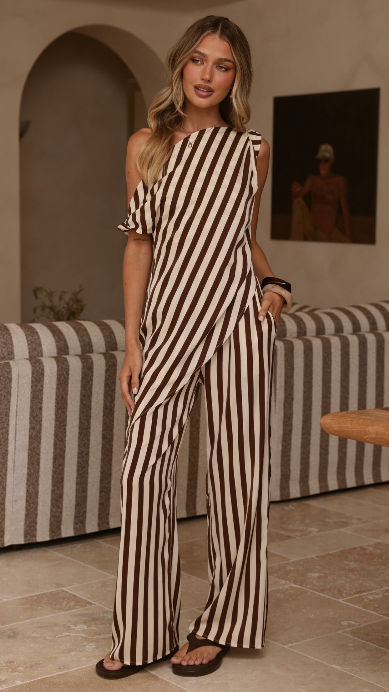 Liana Off Shoulder Top & Pants Set - Brown Stripe - Billy J