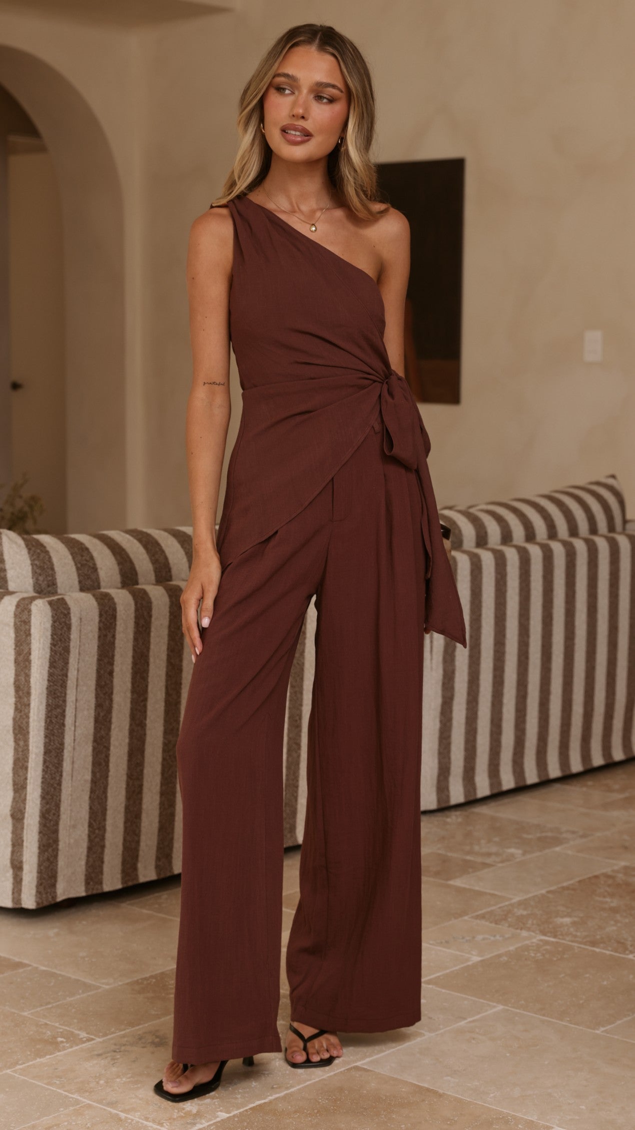 Leela One Shoulder Top and Pants Set - Brown - Billy J