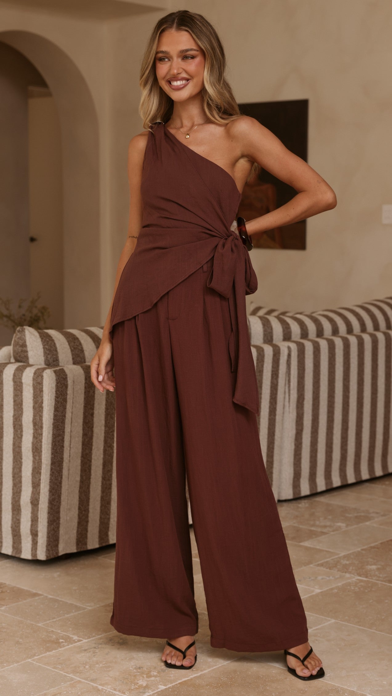Leela One Shoulder Top and Pants Set - Brown - Billy J