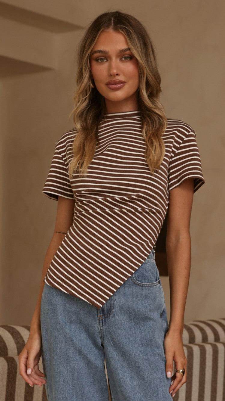 Tiarna Side Ruched Tee - Brown/White Stripe - Billy J