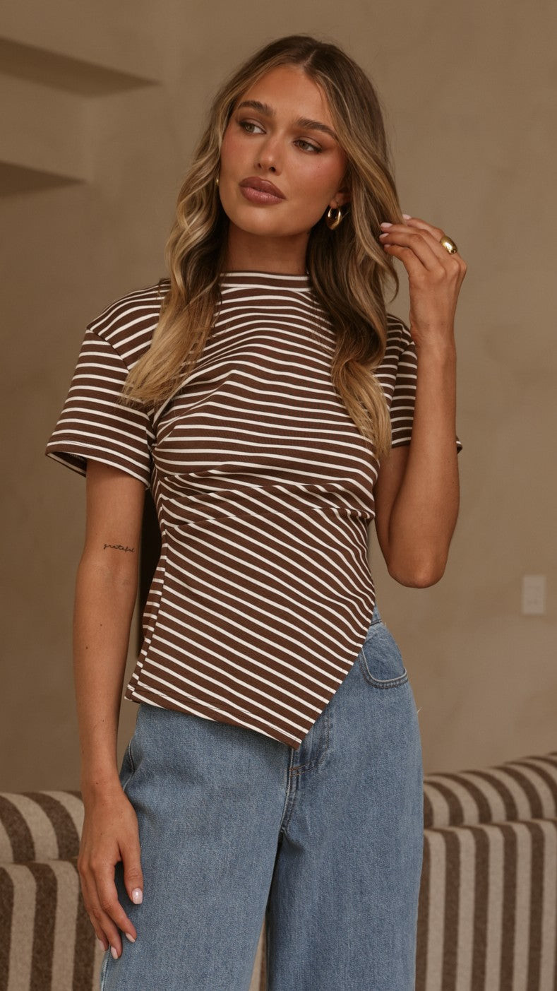 Tiarna Side Ruched Tee - Brown/White Stripe - Billy J