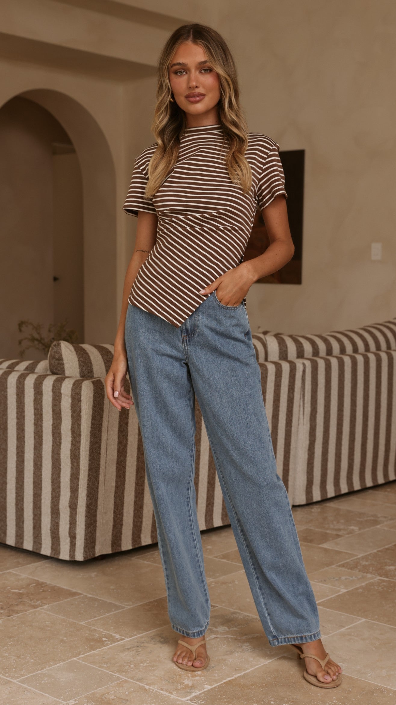 Tiarna Side Ruched Tee - Brown/White Stripe - Billy J