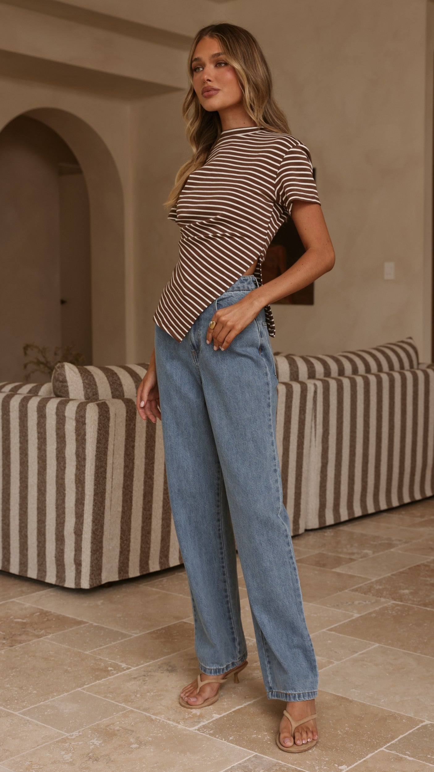 Tiarna Side Ruched Tee - Brown/White Stripe - Billy J