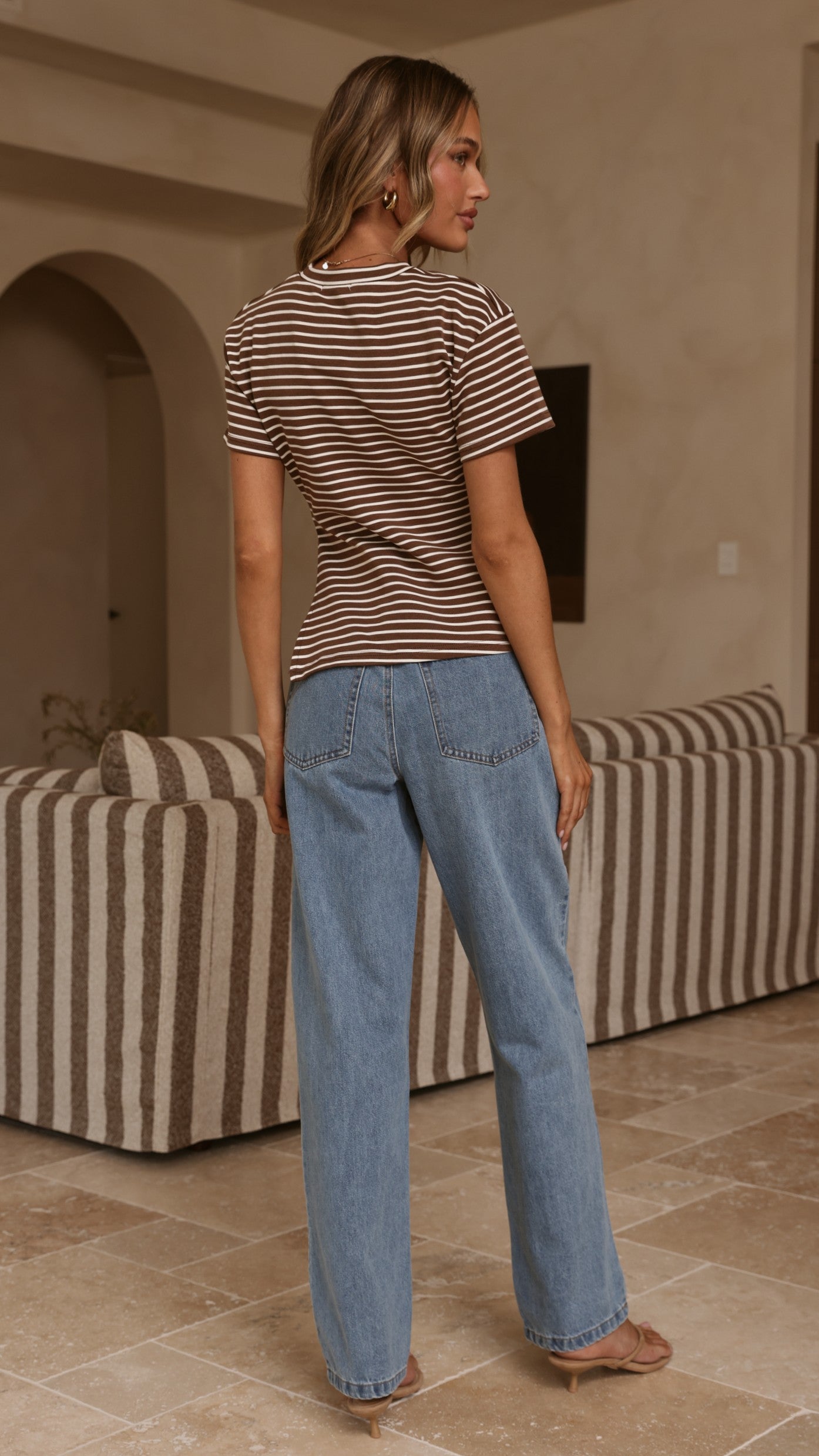Tiarna Side Ruched Tee - Brown/White Stripe - Billy J