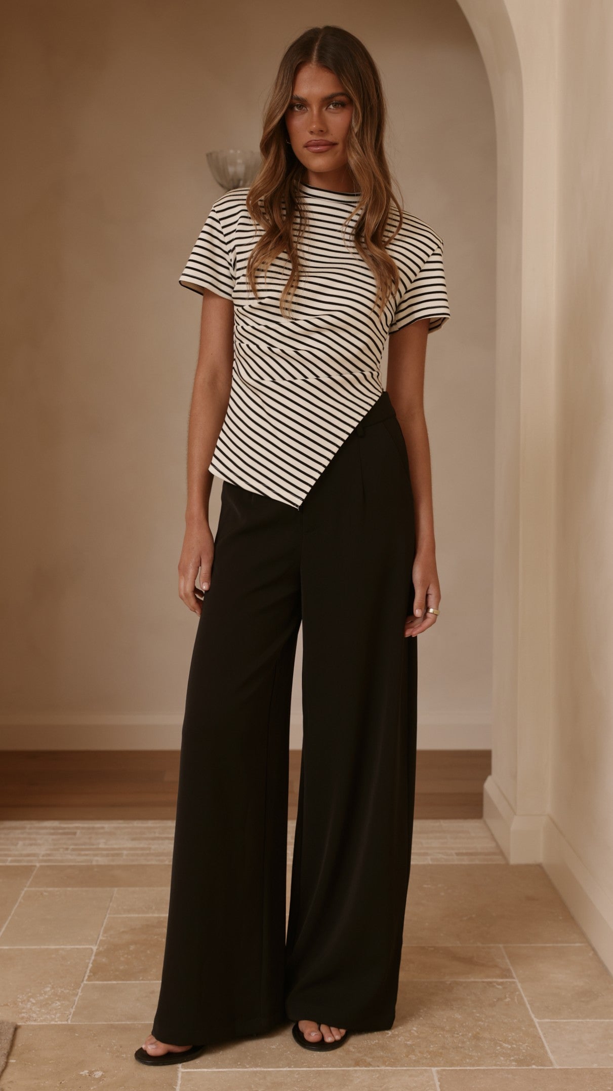 Tiarna Side Ruched Tee - Black/White Stripe - Billy J