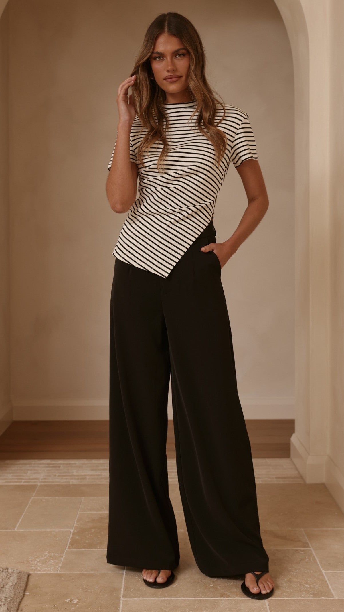 Tiarna Side Ruched Tee - Black/White Stripe - Billy J