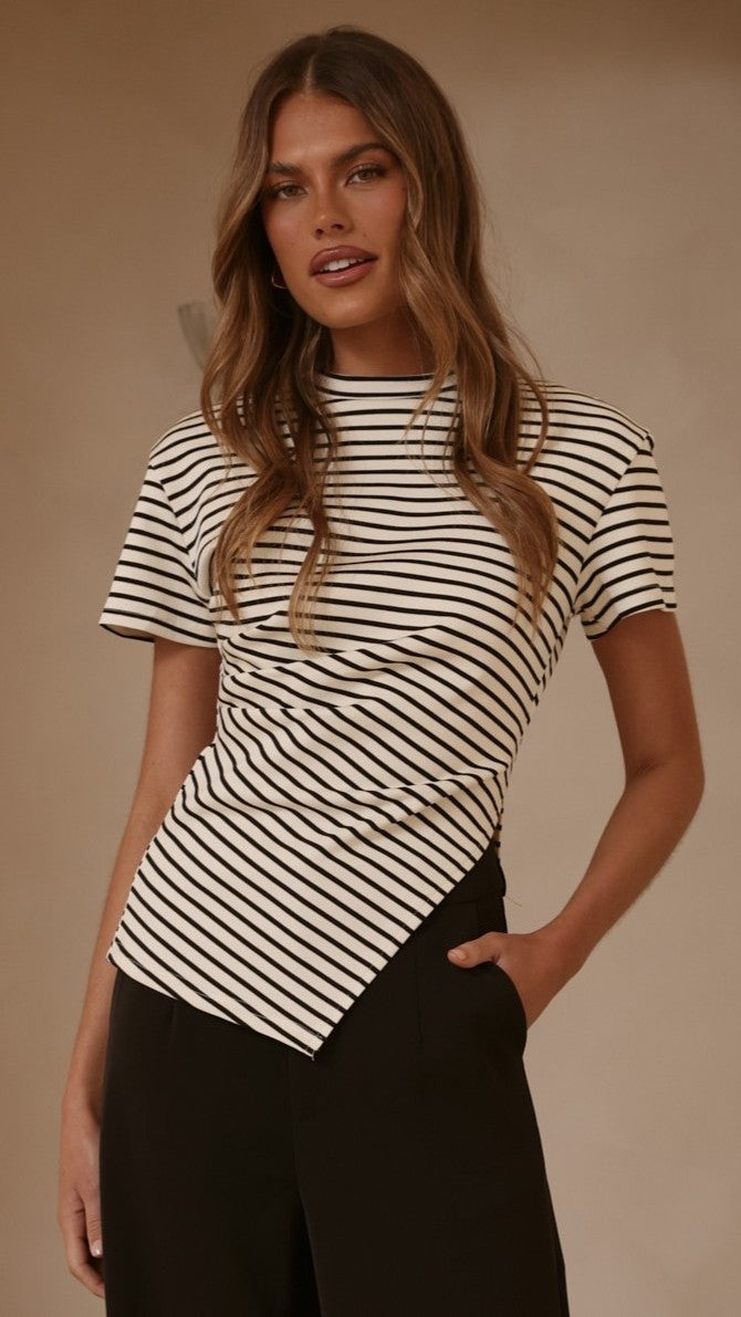 Tiarna Side Ruched Tee - Black/White Stripe - Billy J