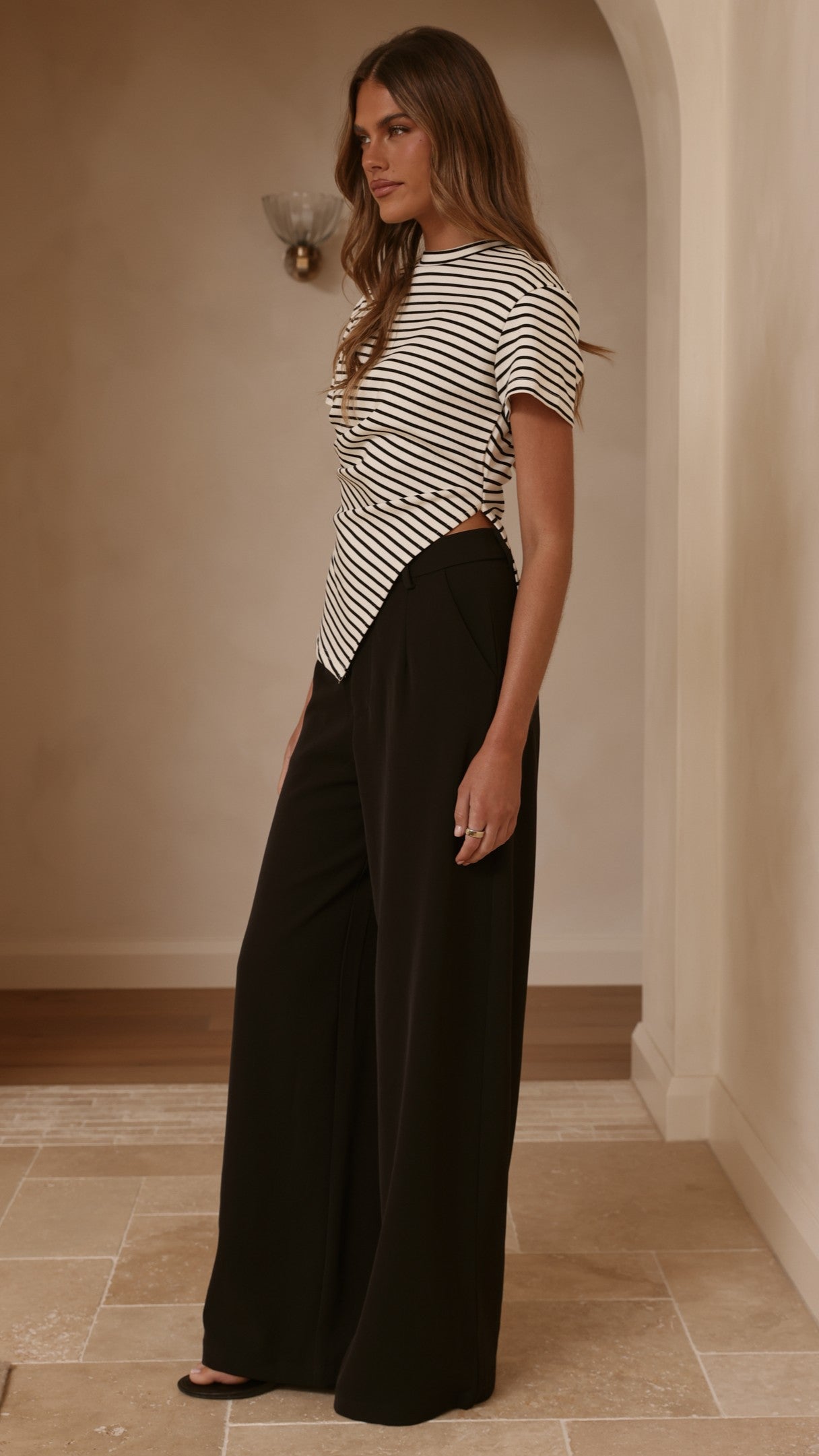 Tiarna Side Ruched Tee - Black/White Stripe - Billy J