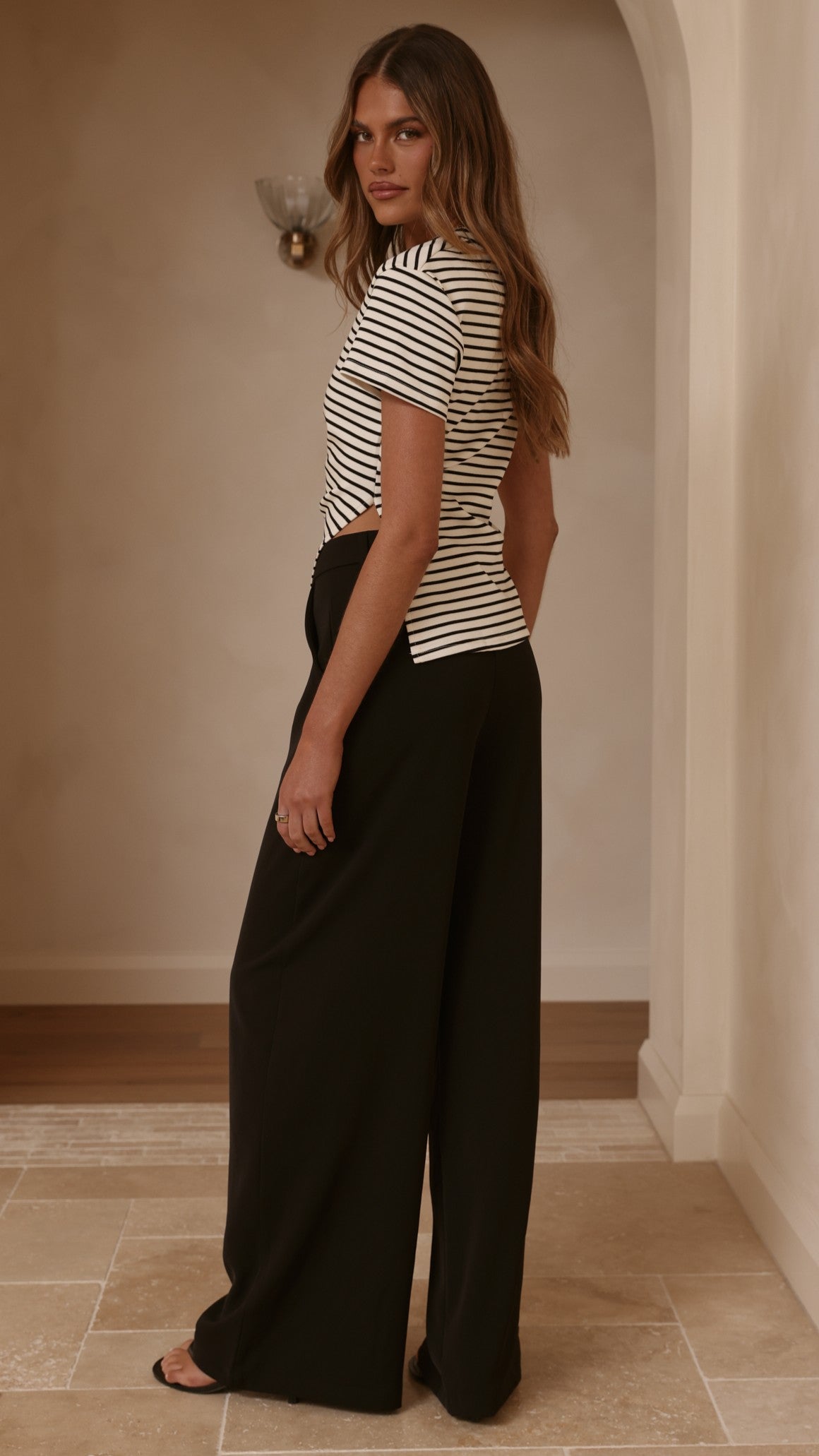 Tiarna Side Ruched Tee - Black/White Stripe - Billy J