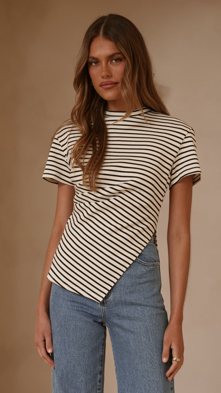 Tiarna Side Ruched Tee - Black/White Stripe - Billy J
