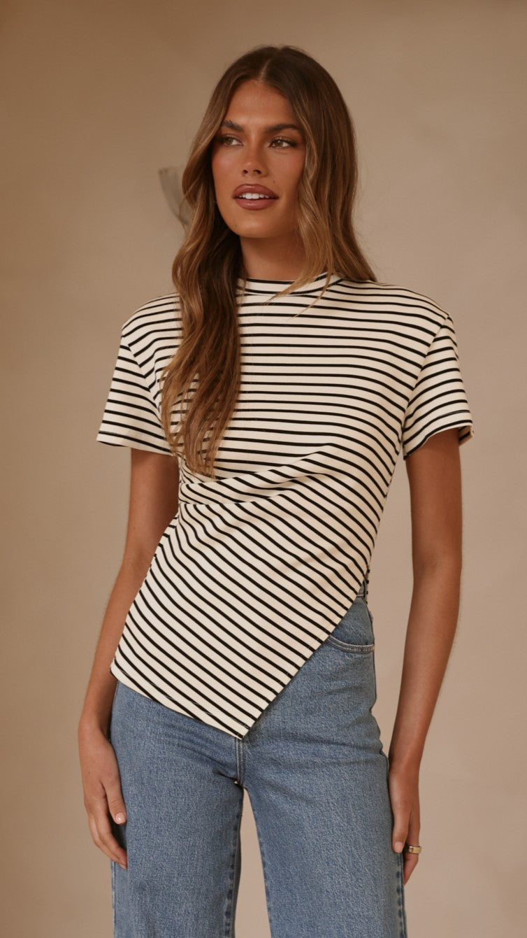 Tiarna Side Ruched Tee - Black/White Stripe - Billy J