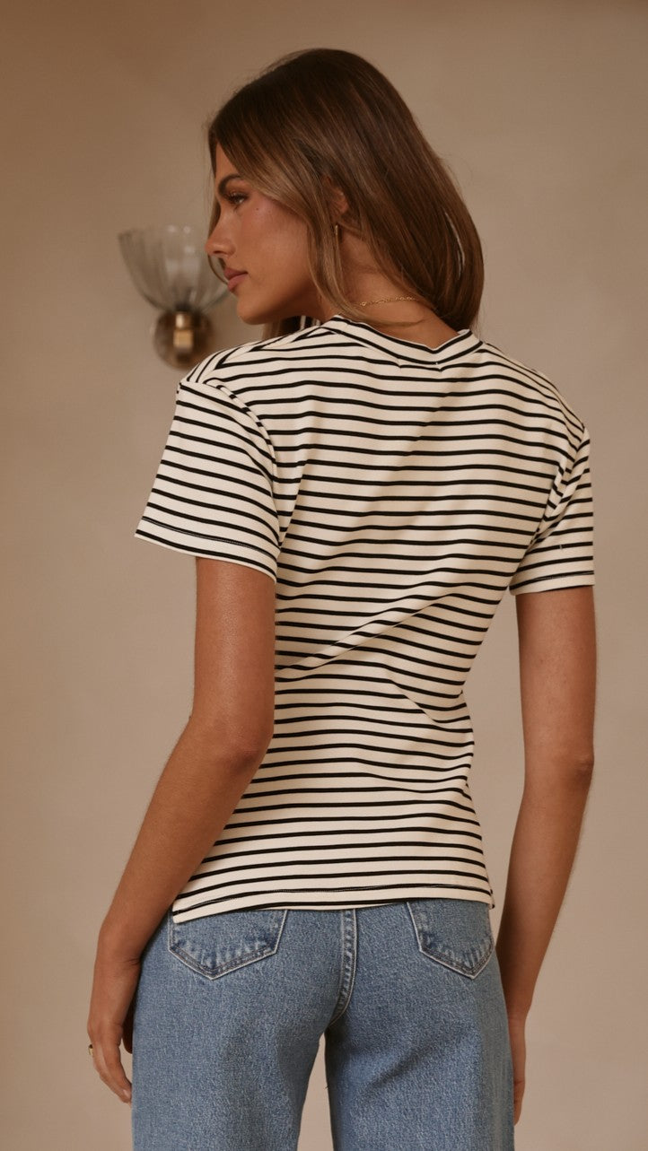 Tiarna Side Ruched Tee - Black/White Stripe - Billy J