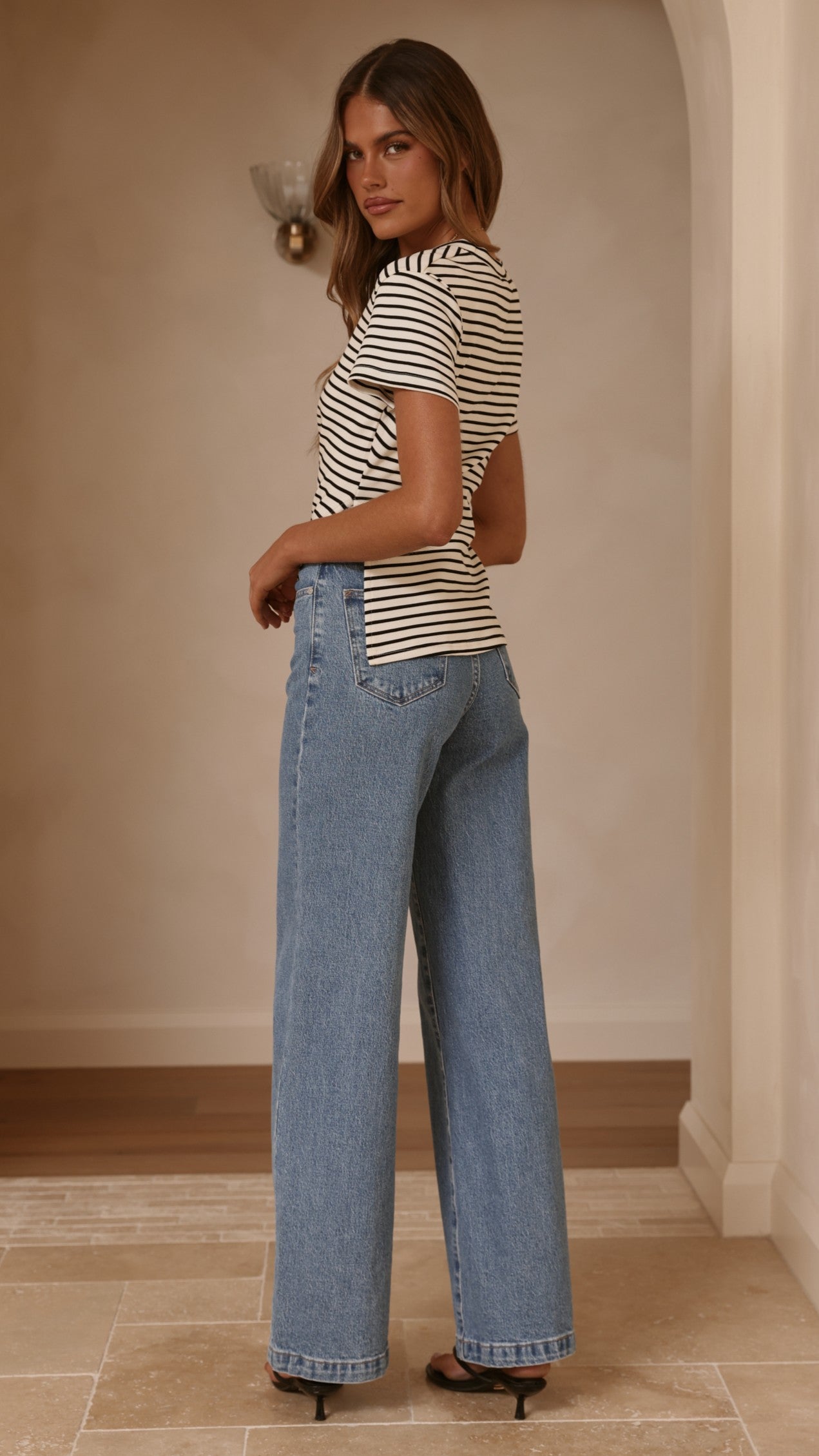 Tiarna Side Ruched Tee - Black/White Stripe - Billy J