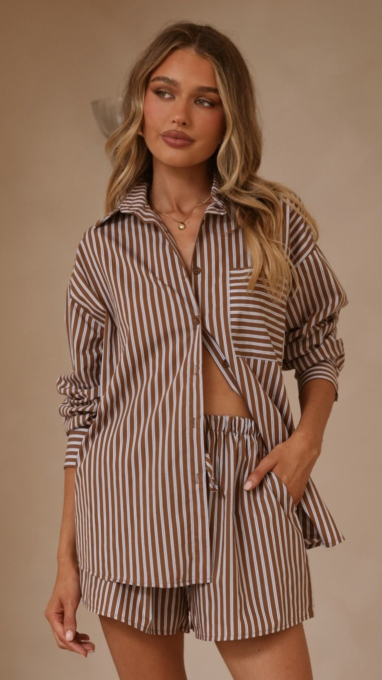Elita Long Sleeve Button Up Shirt and Shorts Set - Brown/Blue Stripe - Billy J