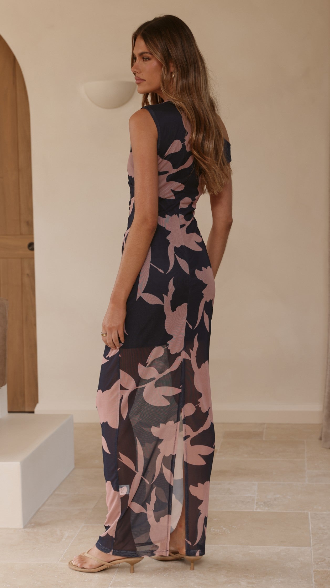 Lilani Mesh Maxi Dress - Navy/Pink Print - Billy J
