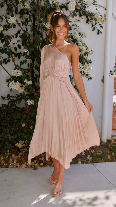 Load image into Gallery viewer, Brooklyn One Shoulder Midi Dress - Champagne
