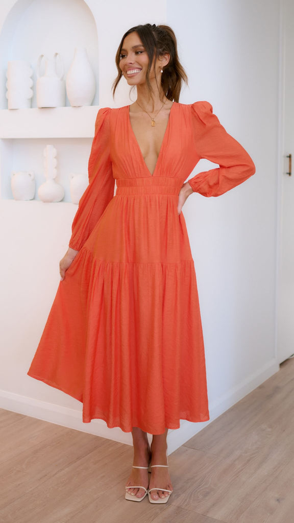 Erin Long Sleeve Midi Dress - Melon