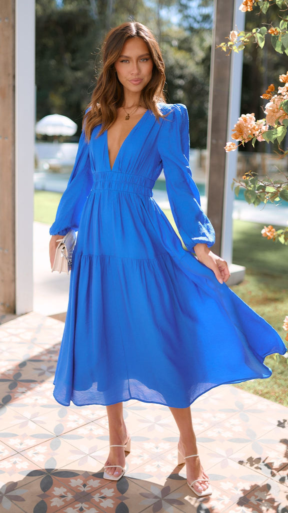 Erin Long Sleeve Midi Dress - Cobalt Blue