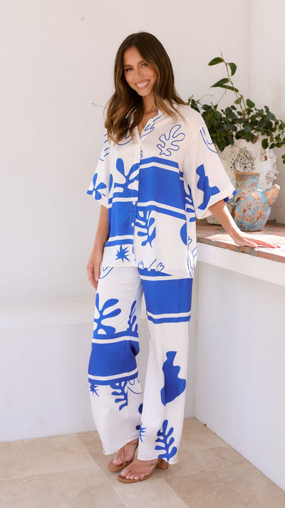 Load image into Gallery viewer, Bailie Shirt and Pants Set - White/Blue
