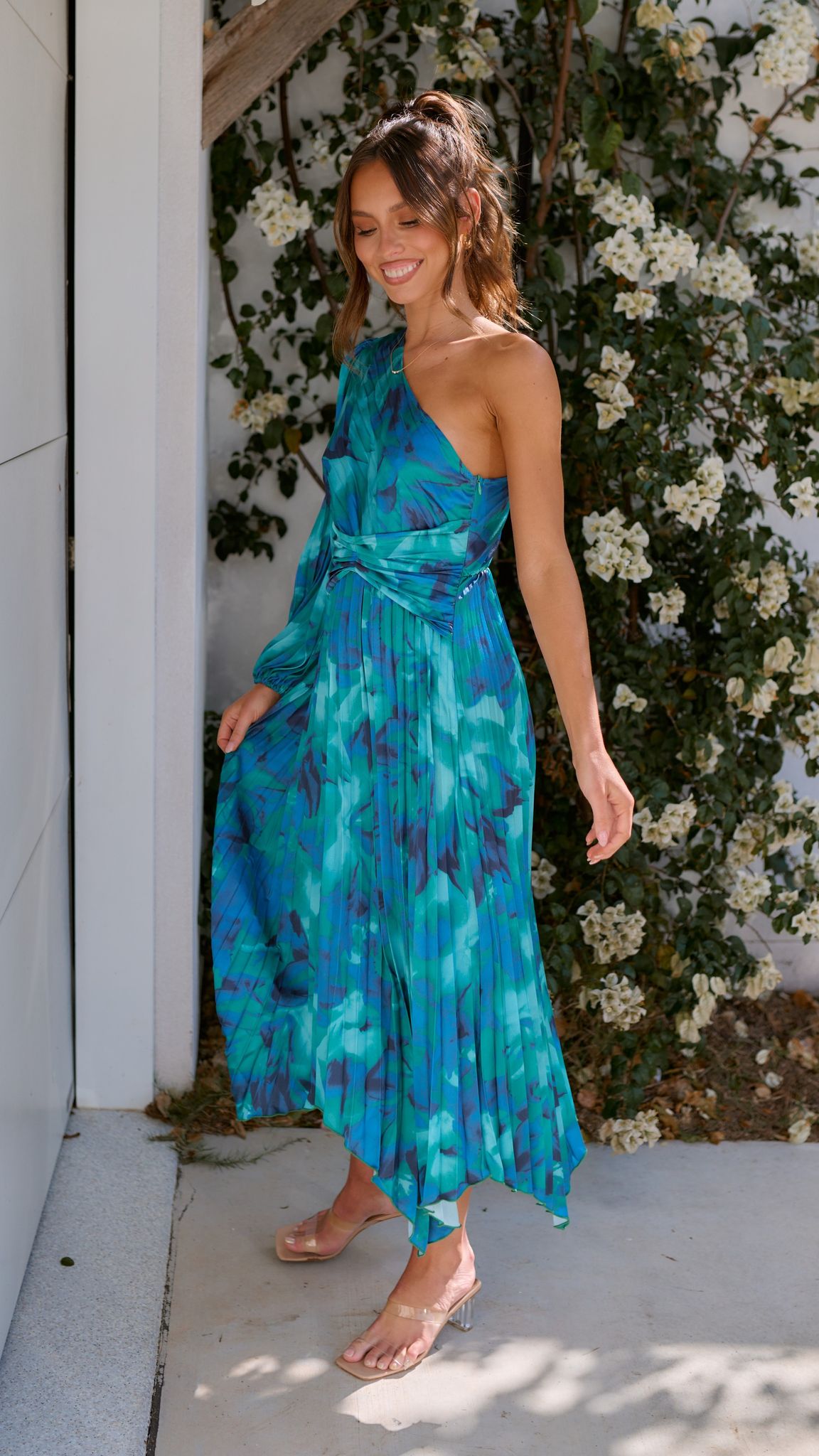 Brooklyn One Shoulder Midi Dress - Blue Floral