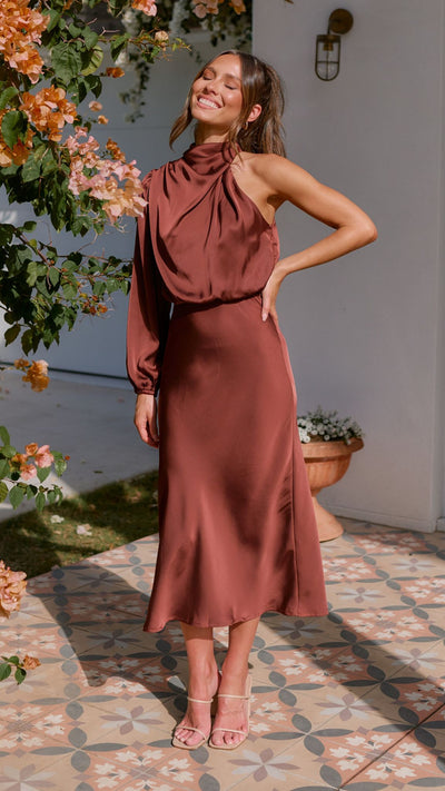 Load image into Gallery viewer, Esther One Shoulder Long Sleeve Dress - Brown - Billy J
