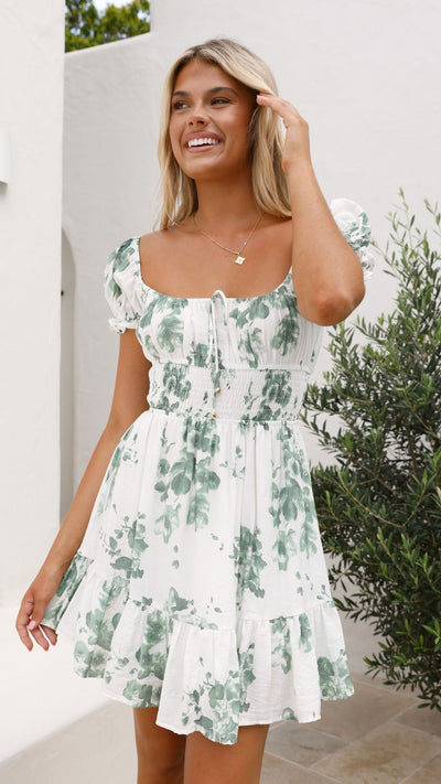 Load image into Gallery viewer, Malilah Mini Dress - Green/White Print
