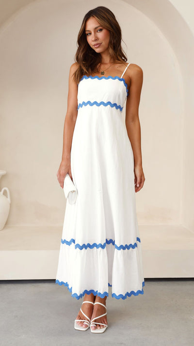 Load image into Gallery viewer, Brodey Midi Dress - White / Blue - Billy J
