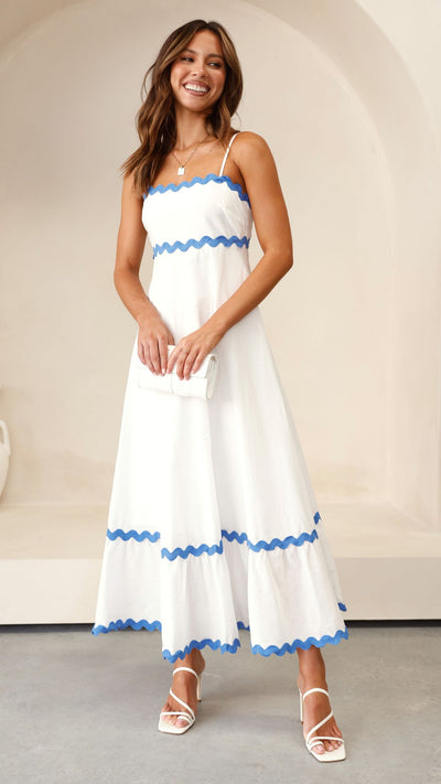 Load image into Gallery viewer, Brodey Midi Dress - White / Blue - Billy J
