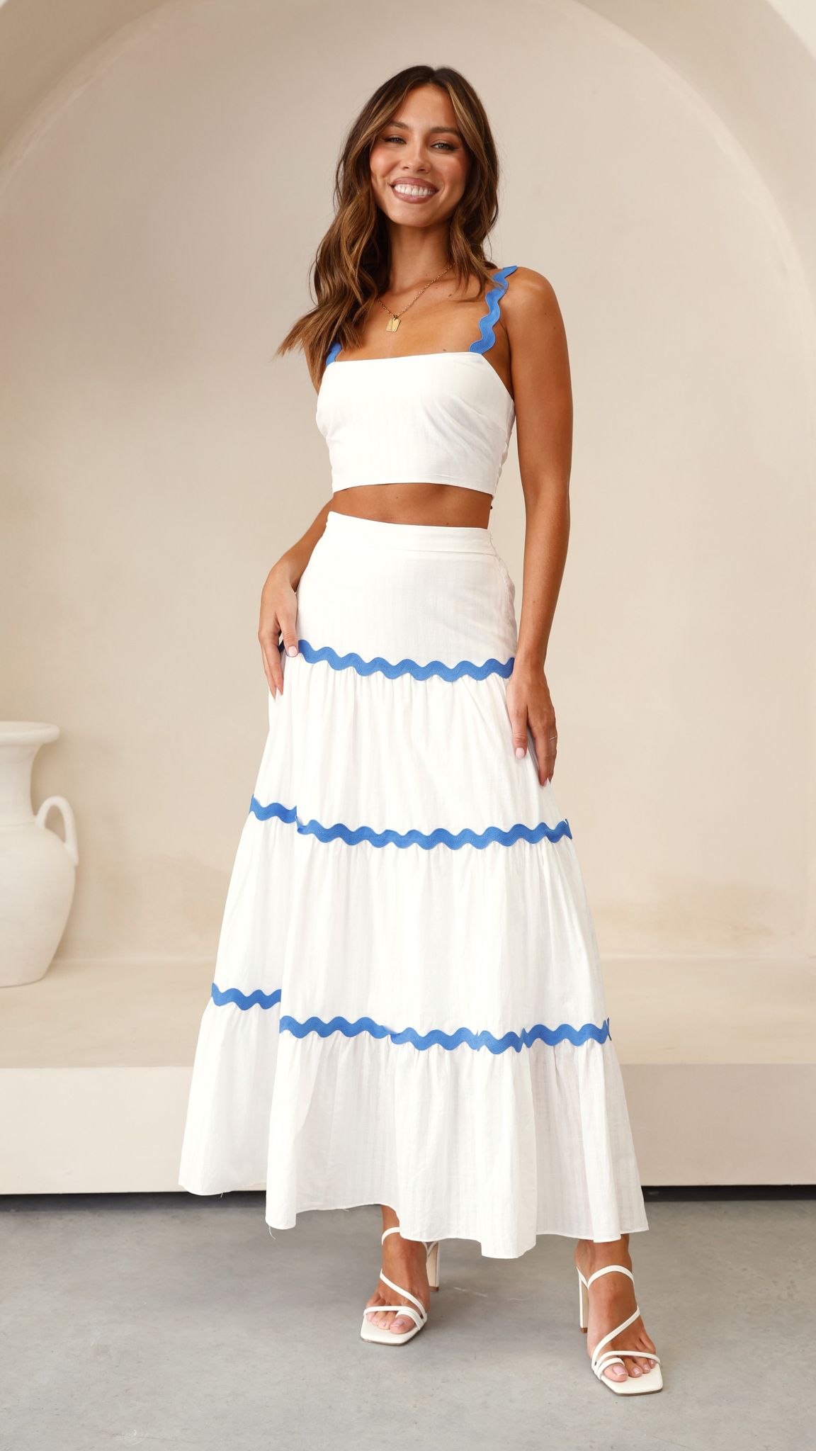 Lys Top and Maxi Skirt Set - White / Blue - Billy J