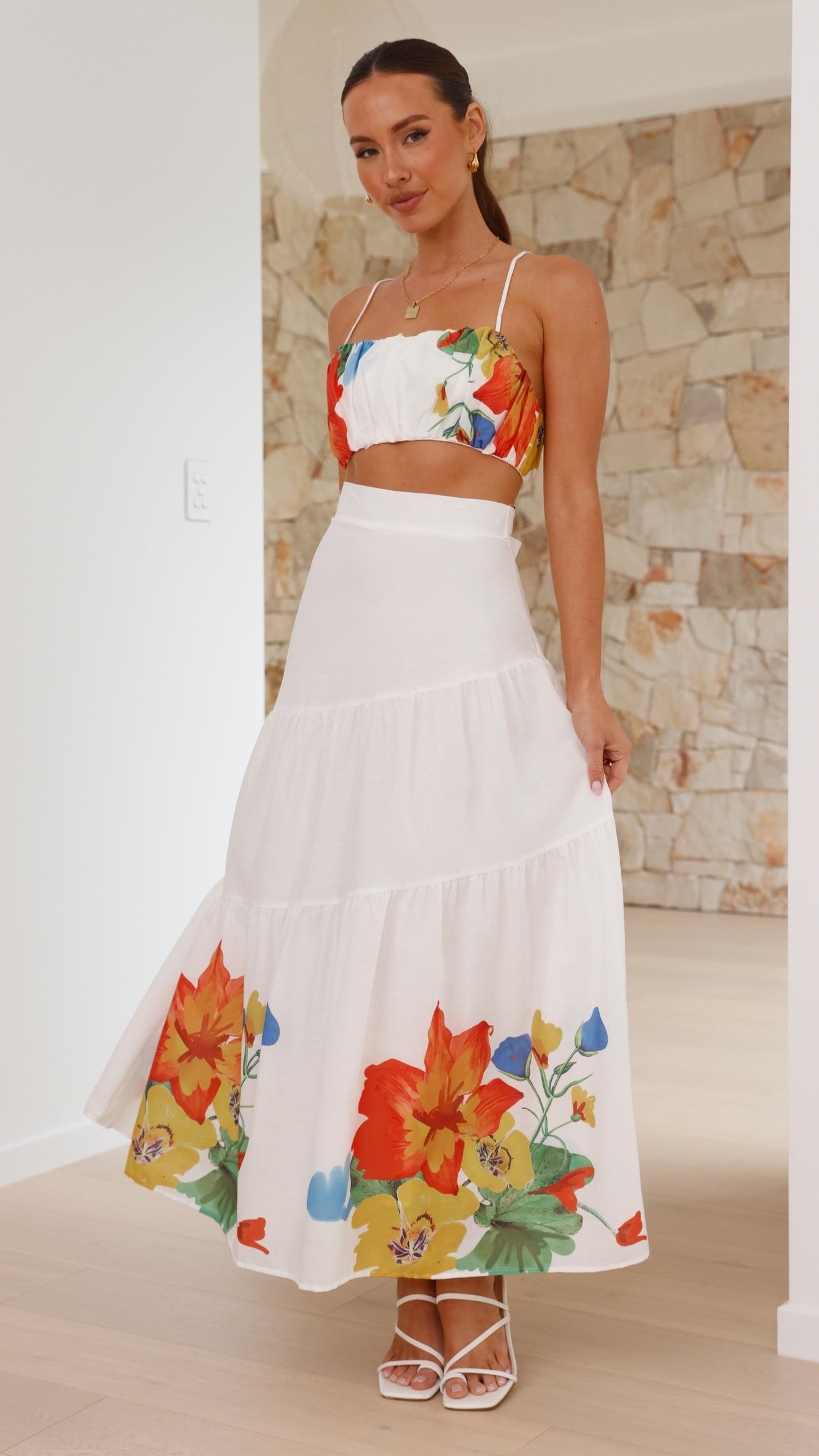 Saraya Top and Skirt Set - White Floral