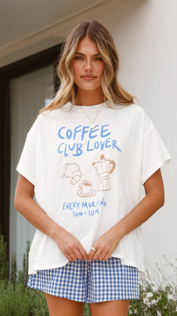 Coffee Club Lover Top and Shorts Set - White/Blue - Billy J