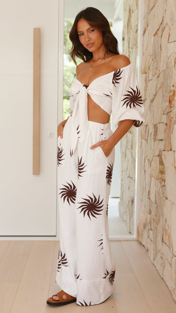 Amira Crop Top - White/Choc Sun Print