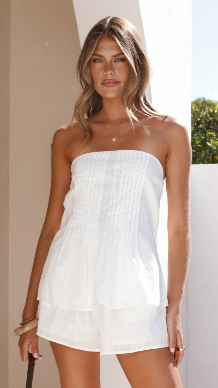 Sharni Strapless Pleat Top and Shorts Set - White - Billy J