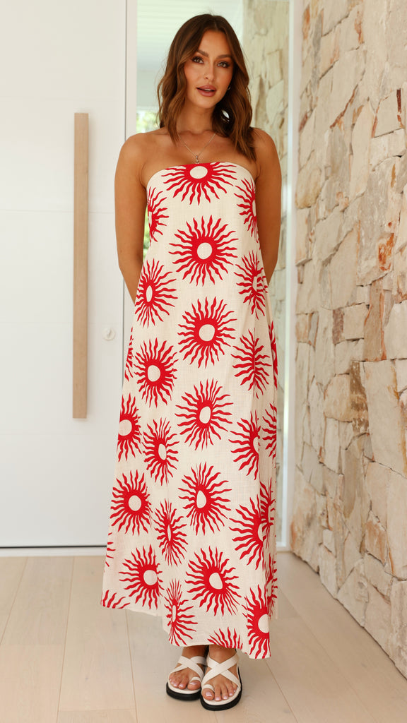 Connie Maxi Dress - Beige / Red Sun