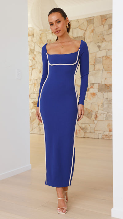 Load image into Gallery viewer, Gidja Long Sleeve Maxi Dress - Blue / Cream - Billy J
