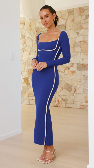 Load image into Gallery viewer, Gidja Long Sleeve Maxi Dress - Blue / Cream - Billy J
