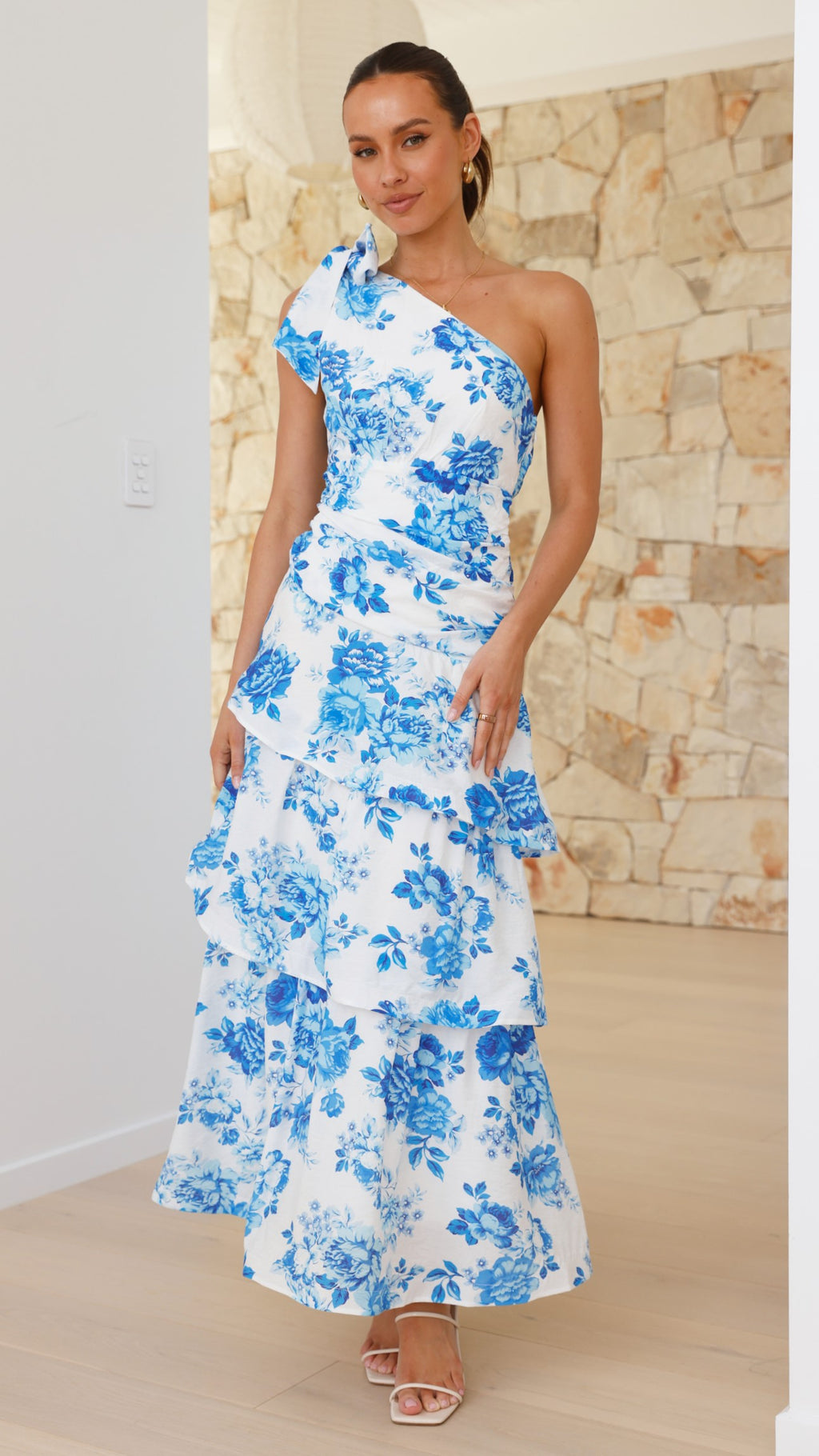 Odilie One Shoulder Maxi Dress - Blue Floral