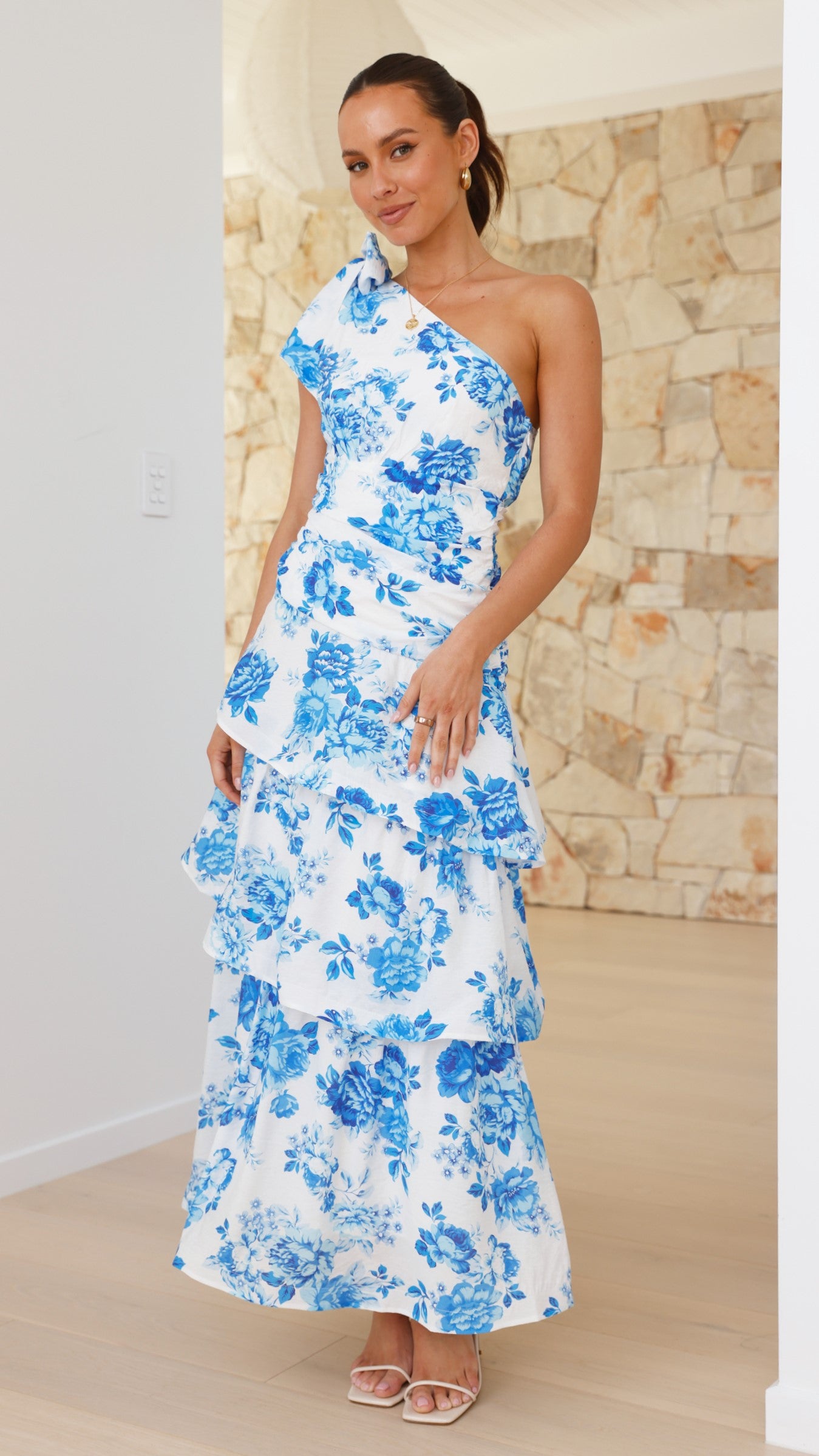 Odilie One Shoulder Maxi Dress - Blue Floral - Billy J