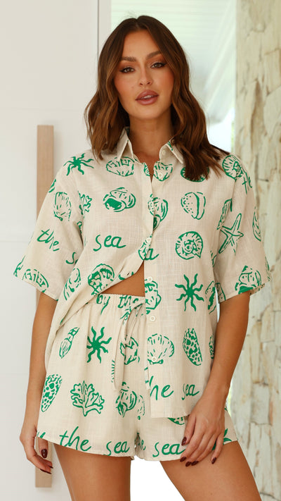 Load image into Gallery viewer, Charli Button Up Shirt and Shorts Set - Beige / Green By The Sea Print
