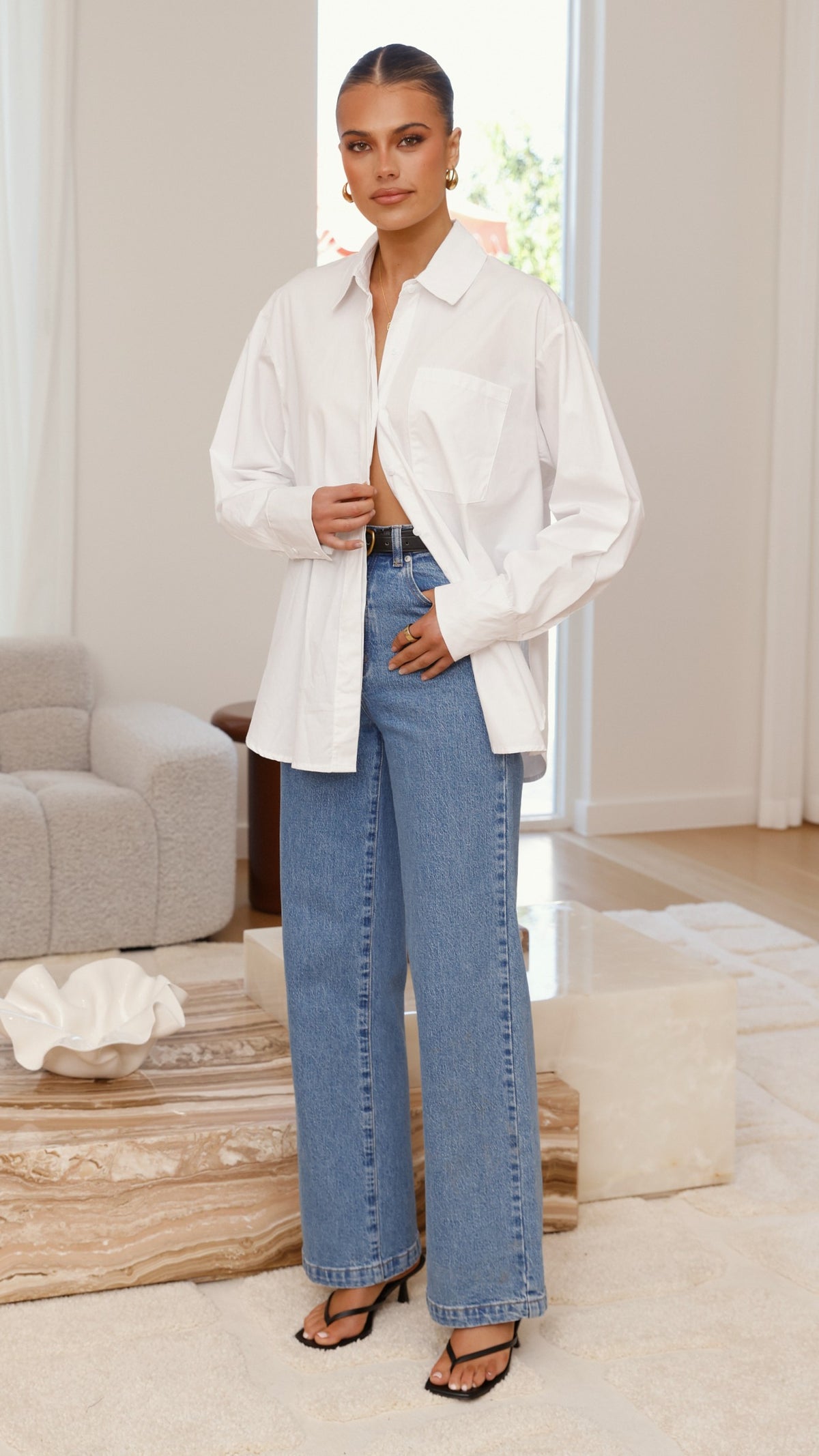 Charla Button Up Poplin Top - White - Billy J