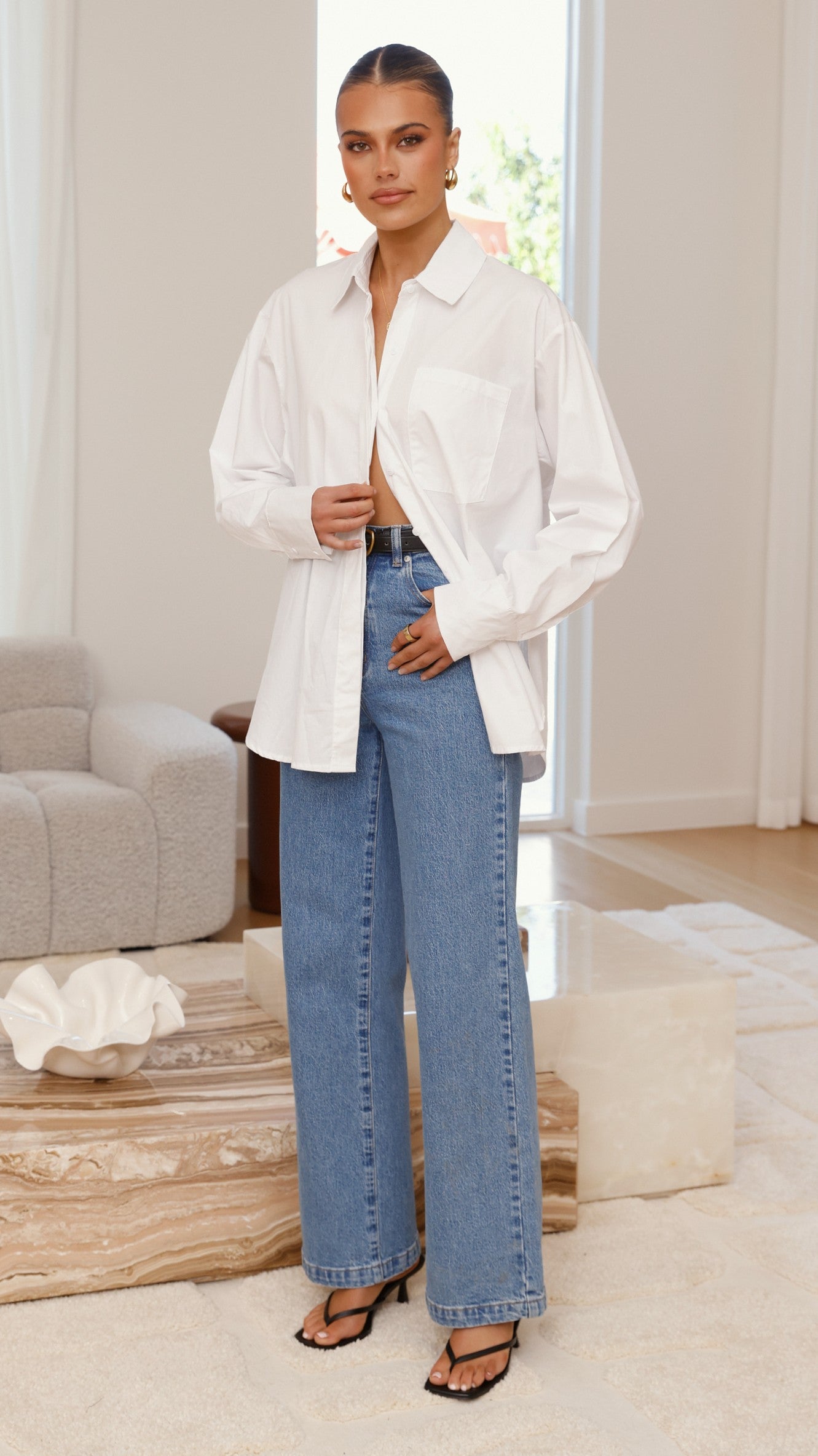 Charla Button Up Poplin Top - White - Billy J