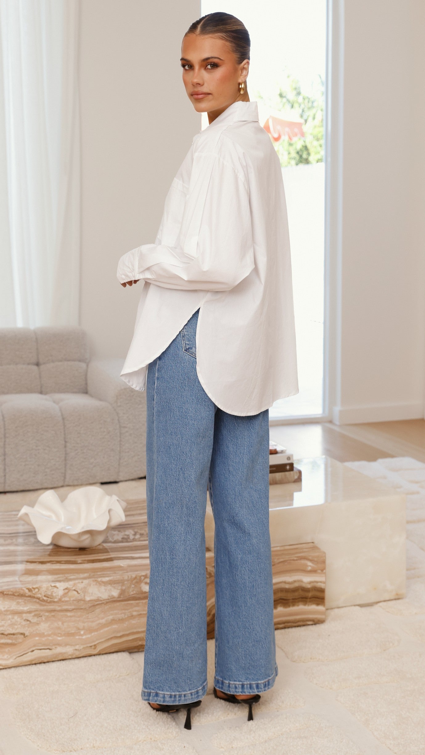 Charla Button Up Poplin Top - White - Billy J