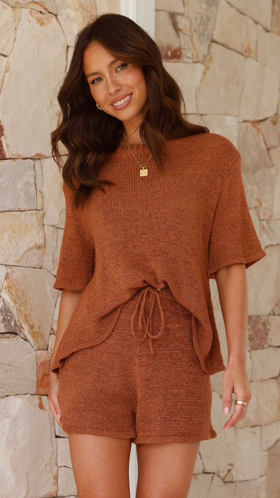 Load image into Gallery viewer, Habiba T-Shirt and Shorts Set - Brown Knit
