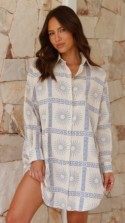 Load image into Gallery viewer, Piper Shirt Dress - Beige/Blue Print - Billy J
