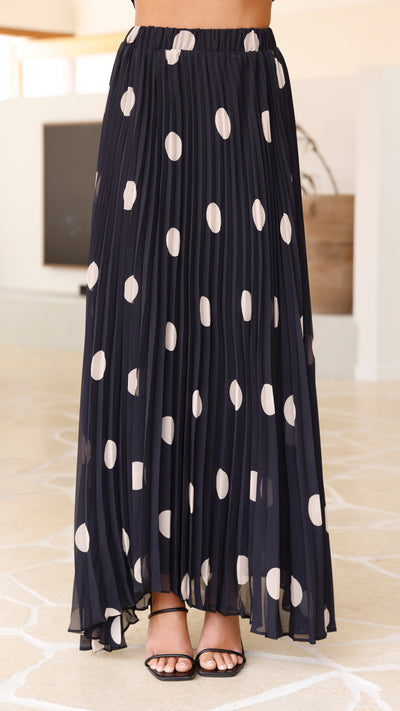 Load image into Gallery viewer, Cambree Peplum Top and Maxi Skirt Set - Black / Beige Polka Dot - Billy J
