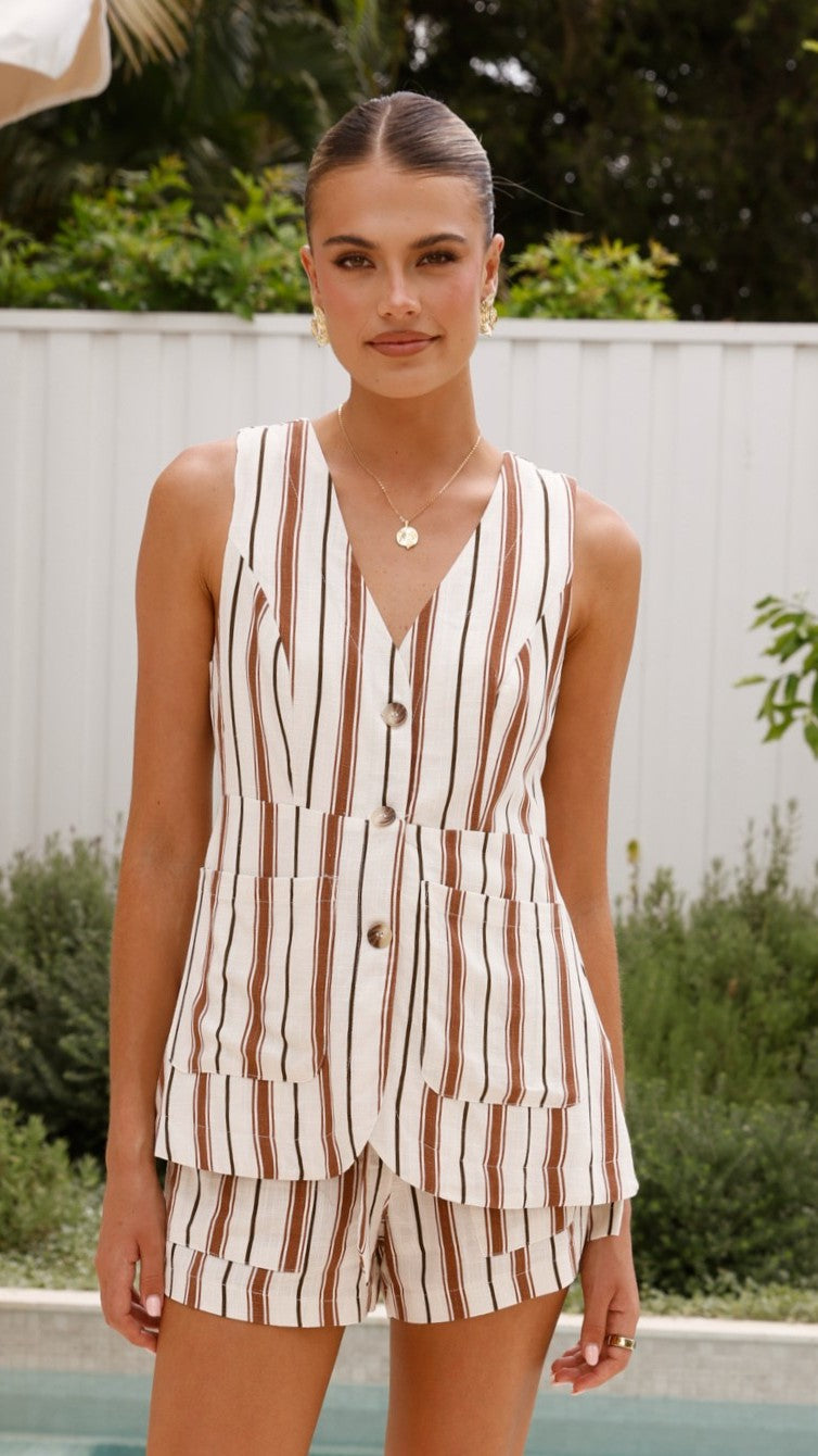 Varian Button Vest - Tan Stripe - Billy J