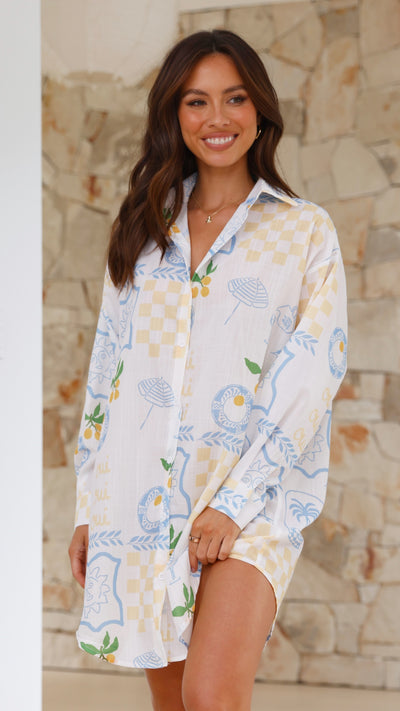 Load image into Gallery viewer, Piper Shirt Dress - Blue / Yellow Holiday Print
