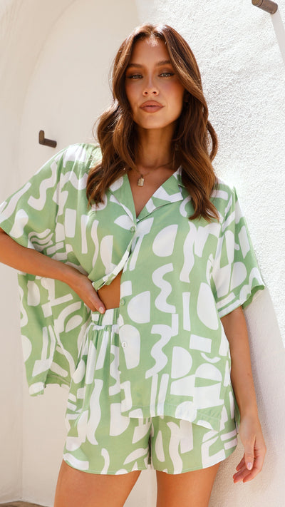Load image into Gallery viewer, Coco Top and Shorts Set - Green/White Print
