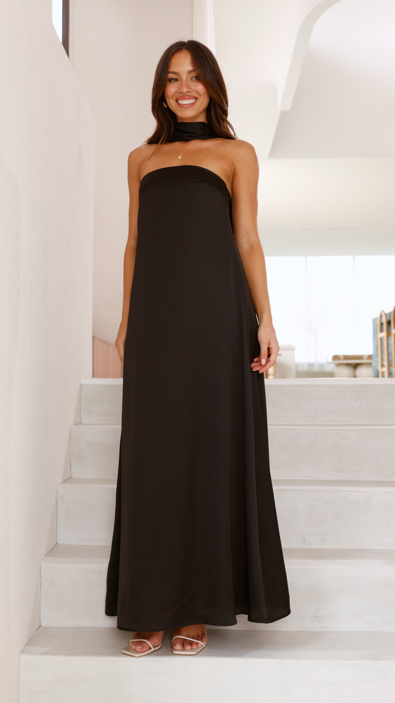 Caitie Strapless Scarf Maxi Dress - Black - Billy J